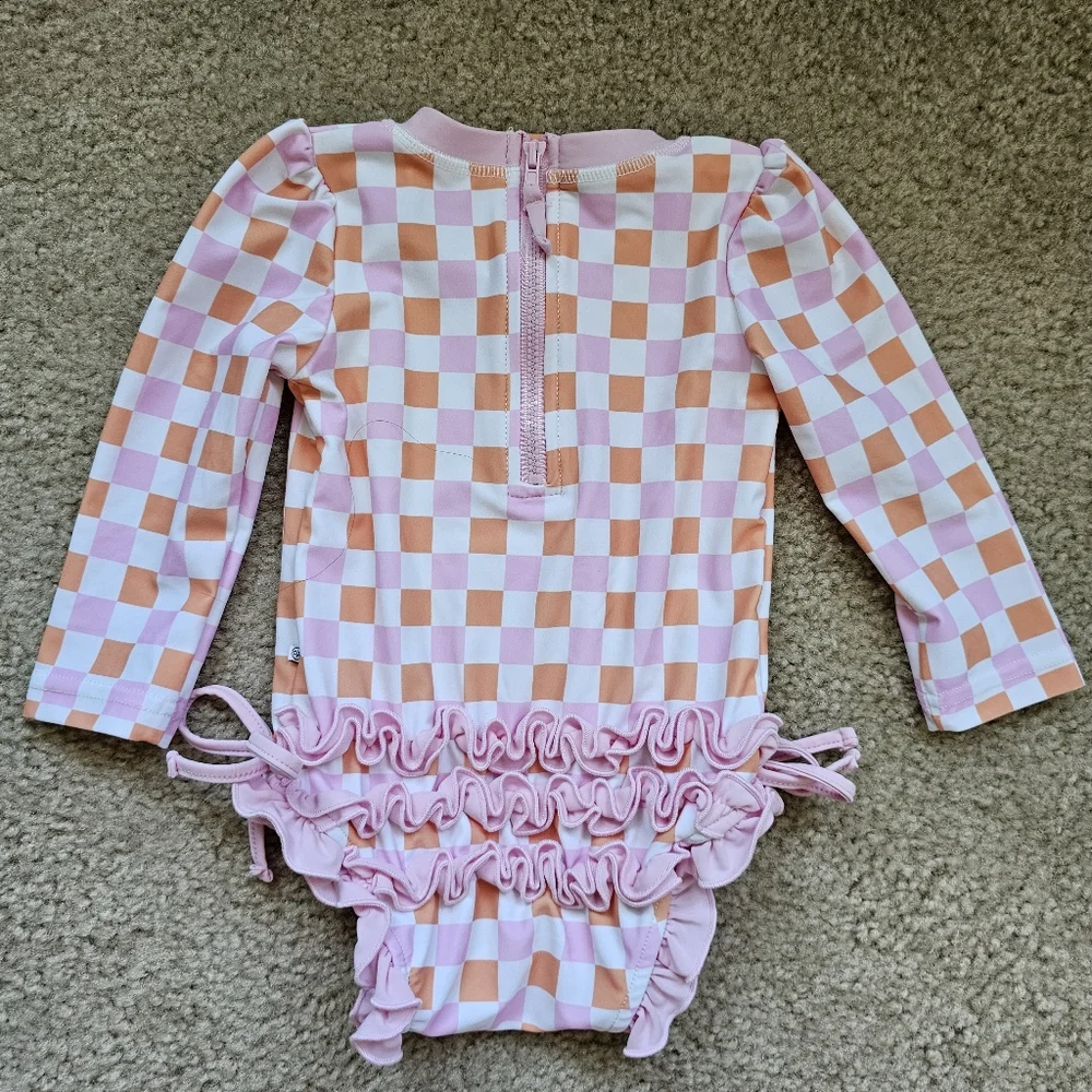 Caden Lane Girls Pink and Peach Checkerboard Long-Sleeve One-Piece Swimsuit
